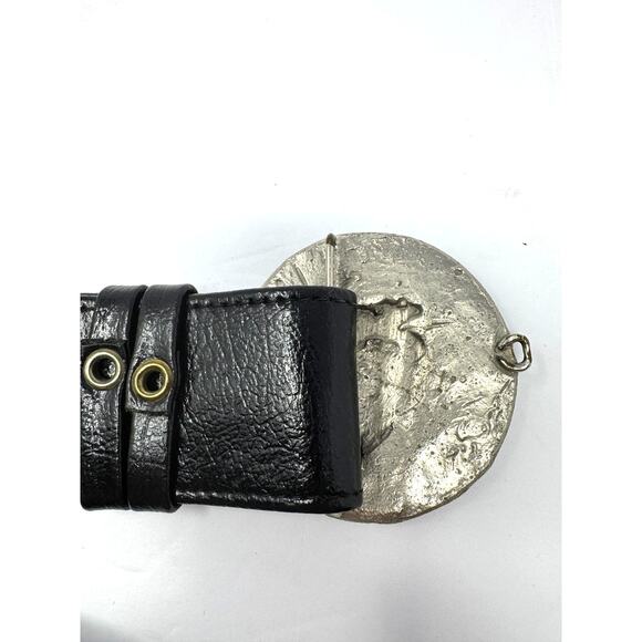 Double Concho Buckle Black Faux Leather Statement Belt 34 Inches - Picture 3 of 5